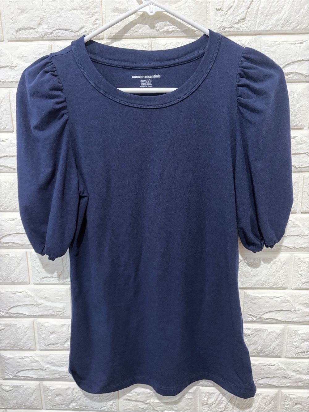 Amazon Essentials Navy Puff Sleeve Crewneck Top